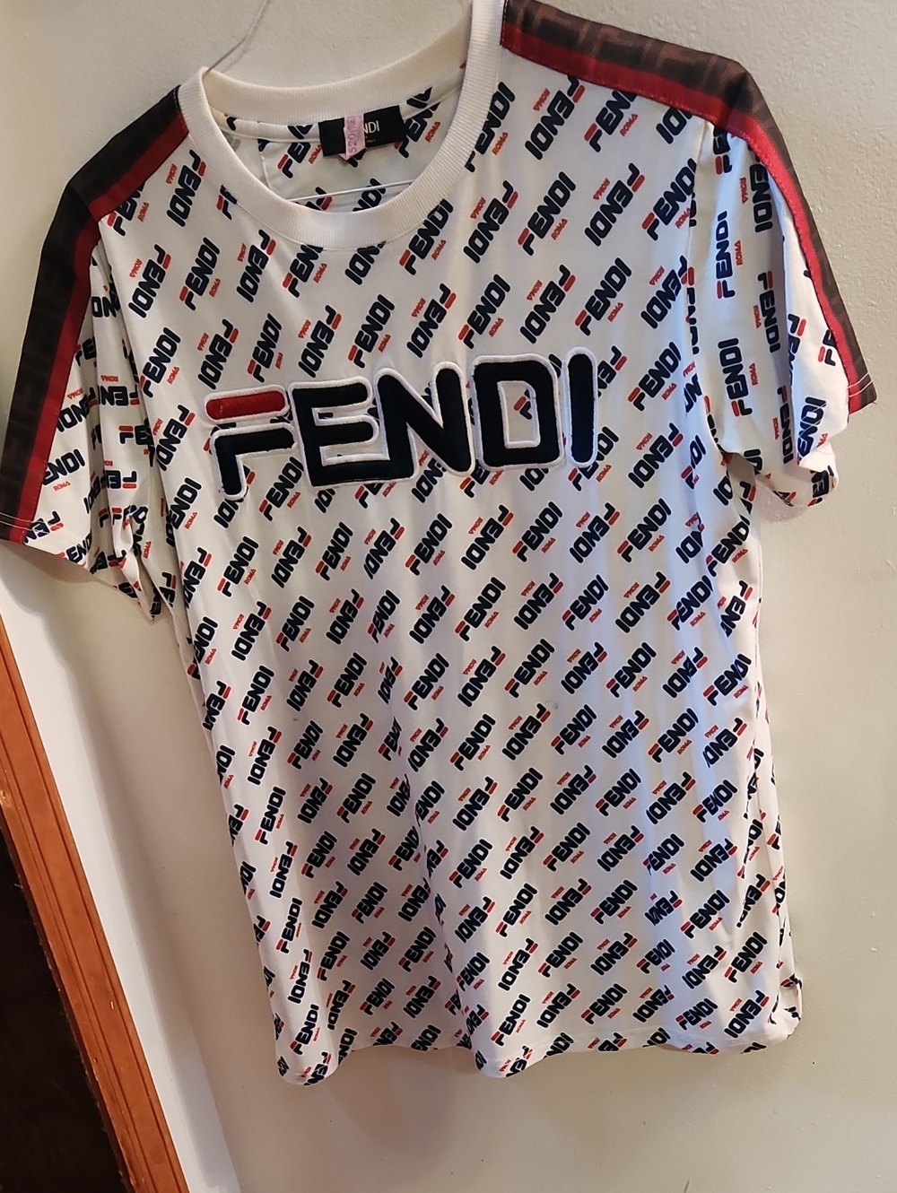 Fendi White Tee with Navy Logo and Red Striped Shoulders